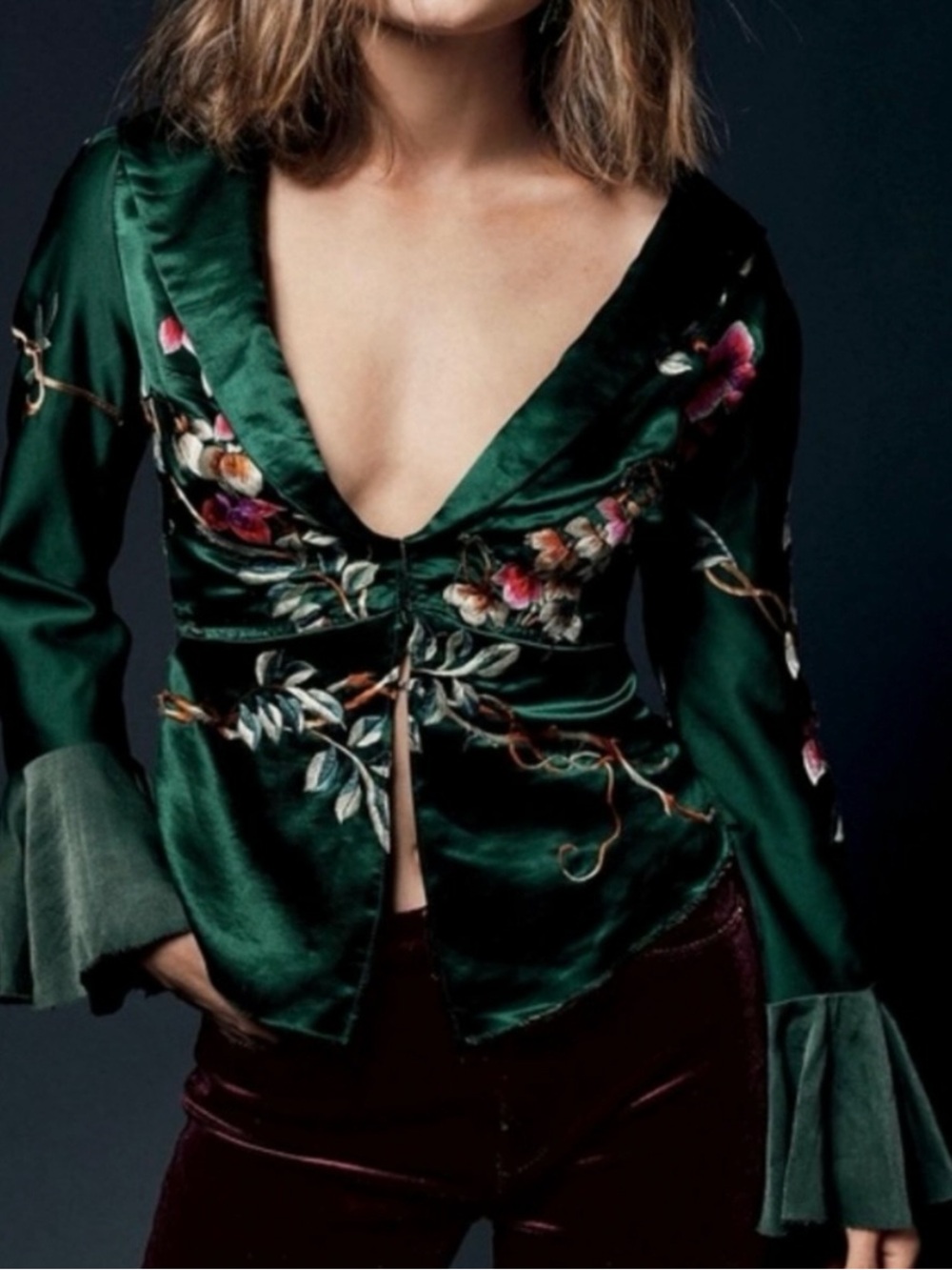 Free People Beautiful Dreams Embroidered Bell Sleeve Top Green S